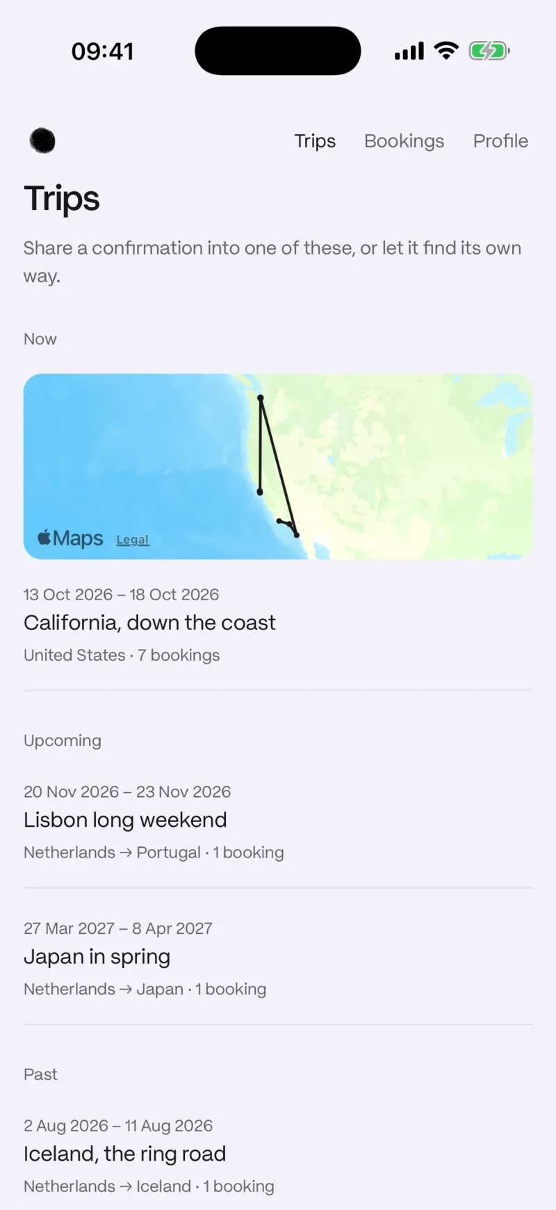 Trips list with a trip under way on a map, two coming up and one behind