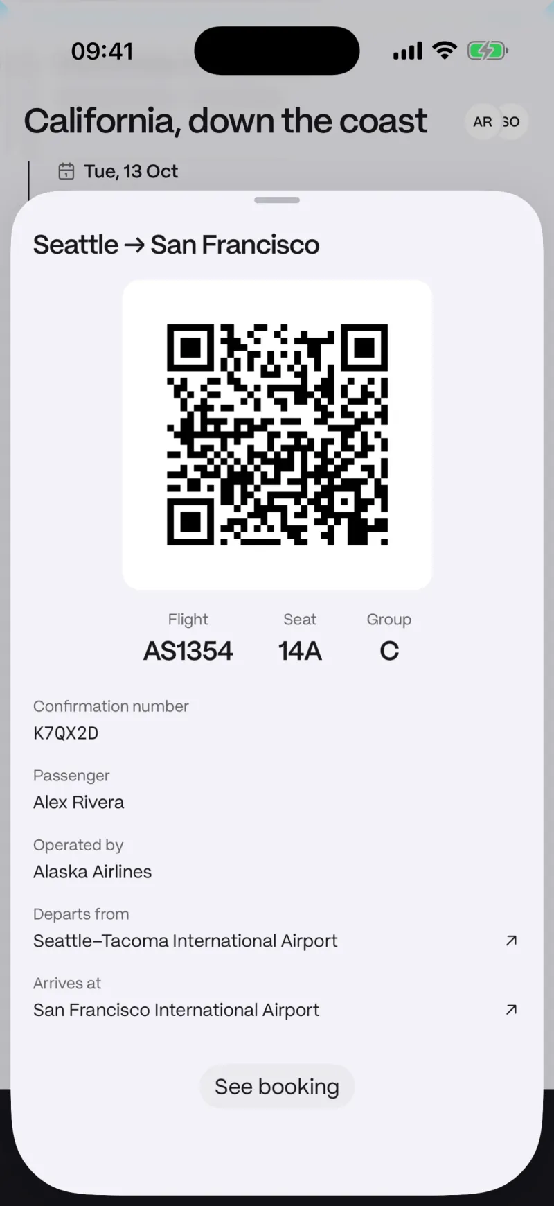 A boarding pass with its QR code, seat and boarding group