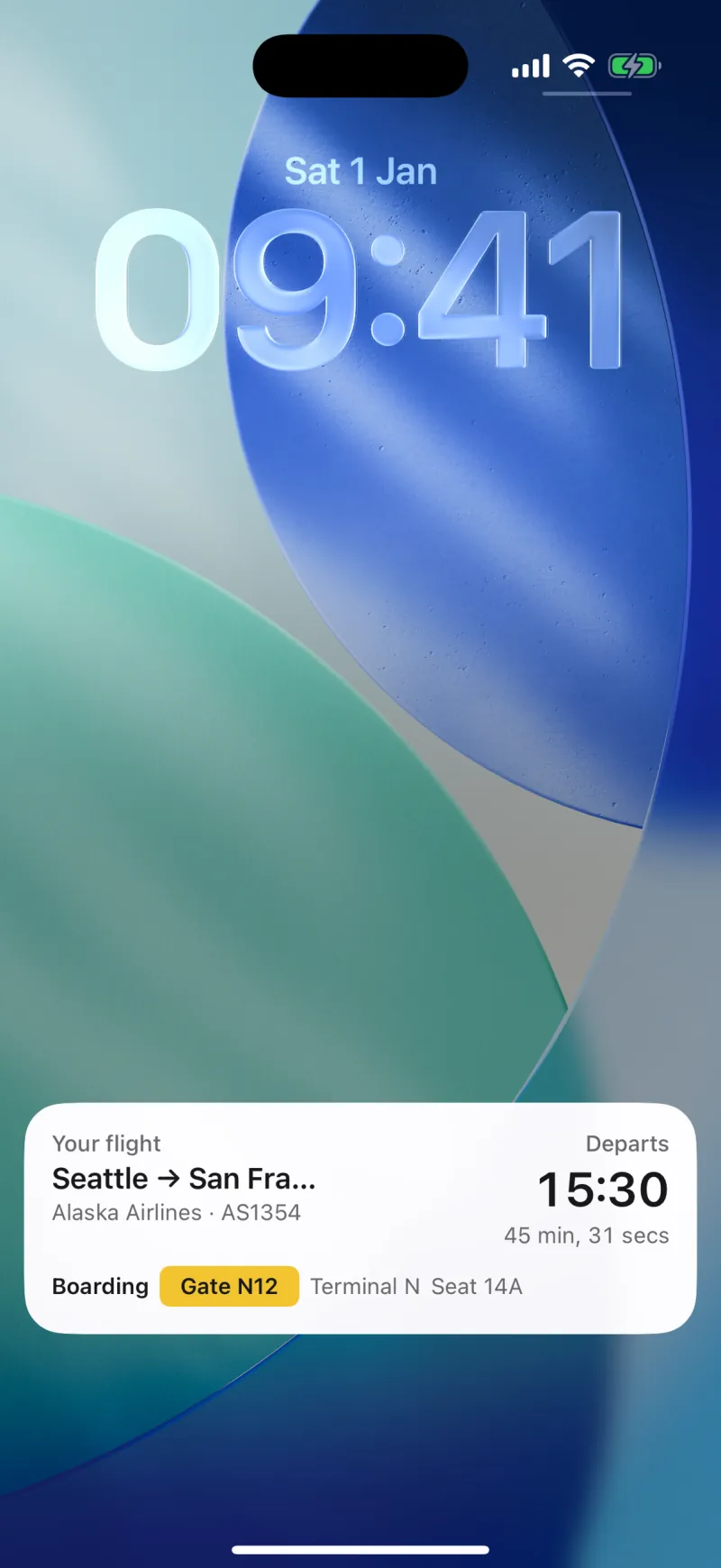 A Live Activity on the lock screen: boarding at gate N12