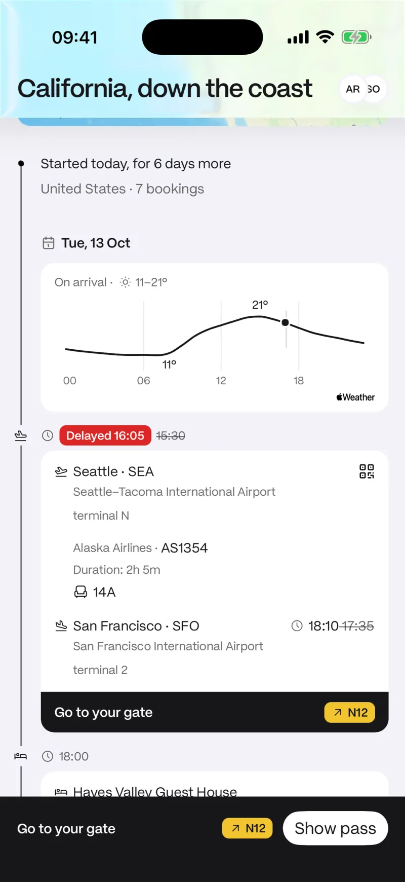 A delayed flight on the timeline, the new time beside the old