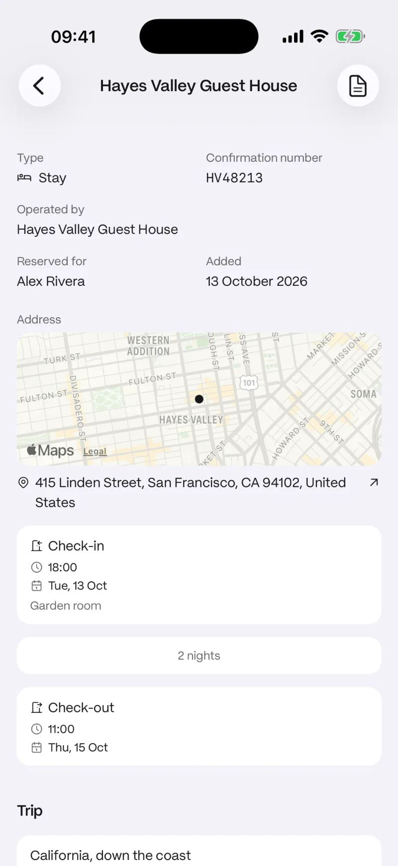 A stay with its map, check-in and check-out