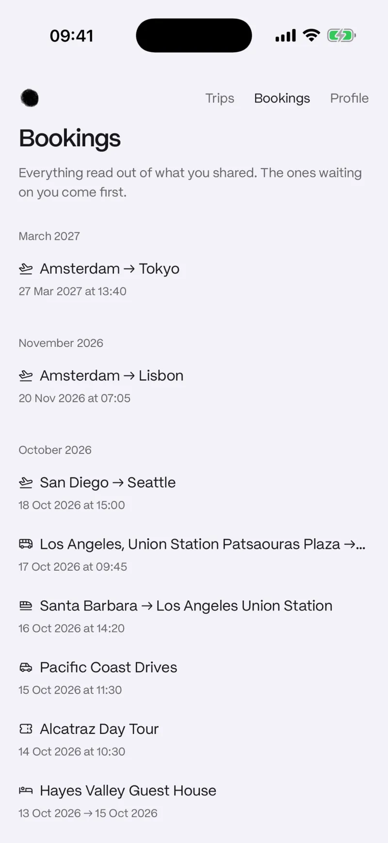 All bookings: flights, a bus, a train, a car, a tour and a stay