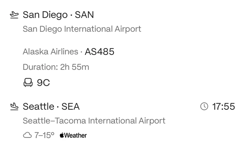 A flight from San Diego to Seattle: the airline, flight number, duration, seat 9C and the weather on landing
