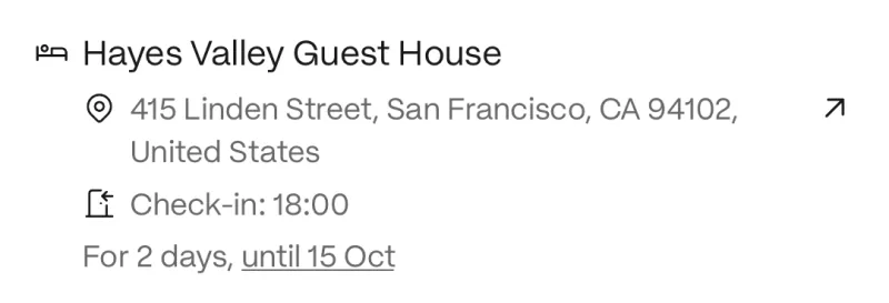 A stay: Hayes Valley Guest House, its address, check-in at 18:00, for two days