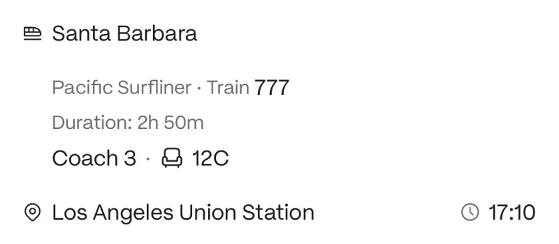 A train to Santa Barbara: Pacific Surfliner 777, coach 3, seat 12C, from Los Angeles Union Station